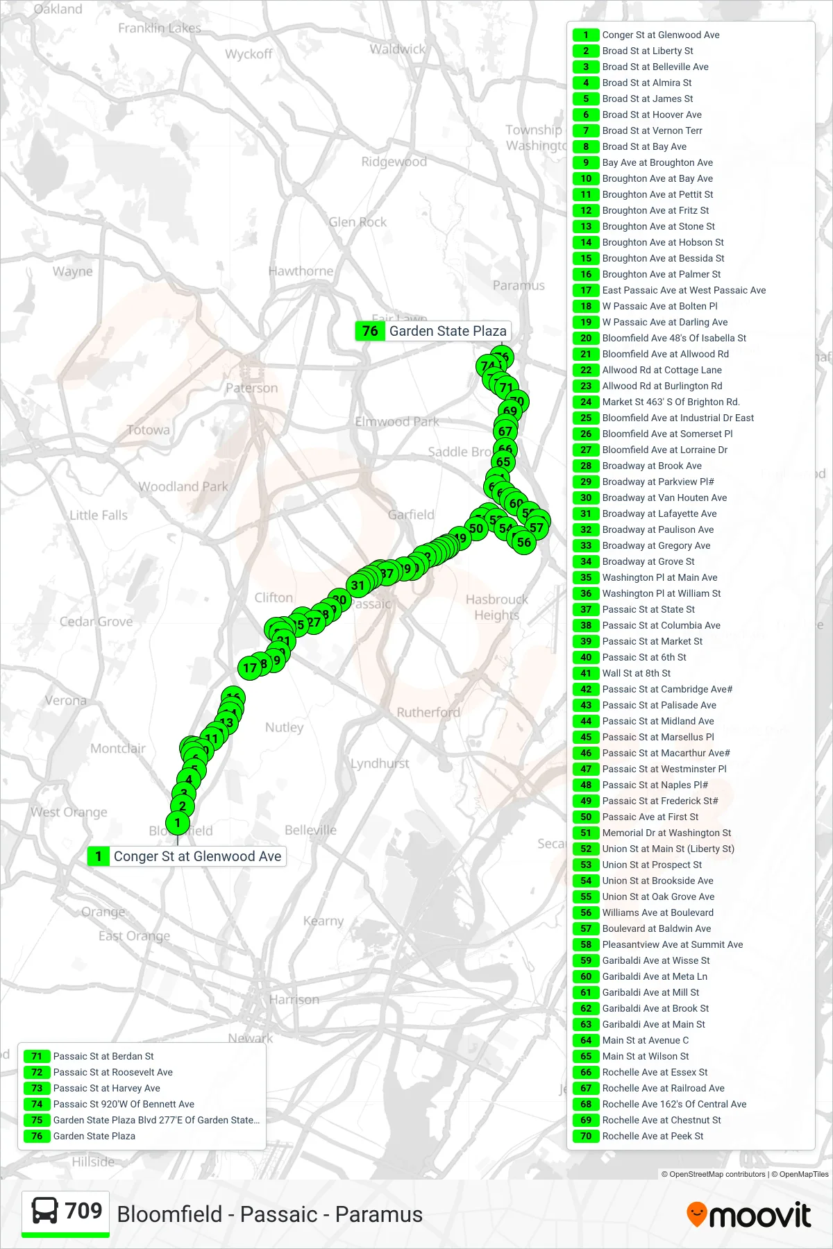 709 bus Line (Paramus Garden St Plz) route and stops on a map