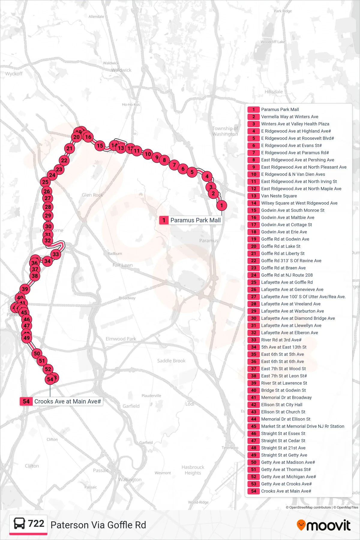 722 bus Line (Paterson Via Goffle Rd) route and stops on a map