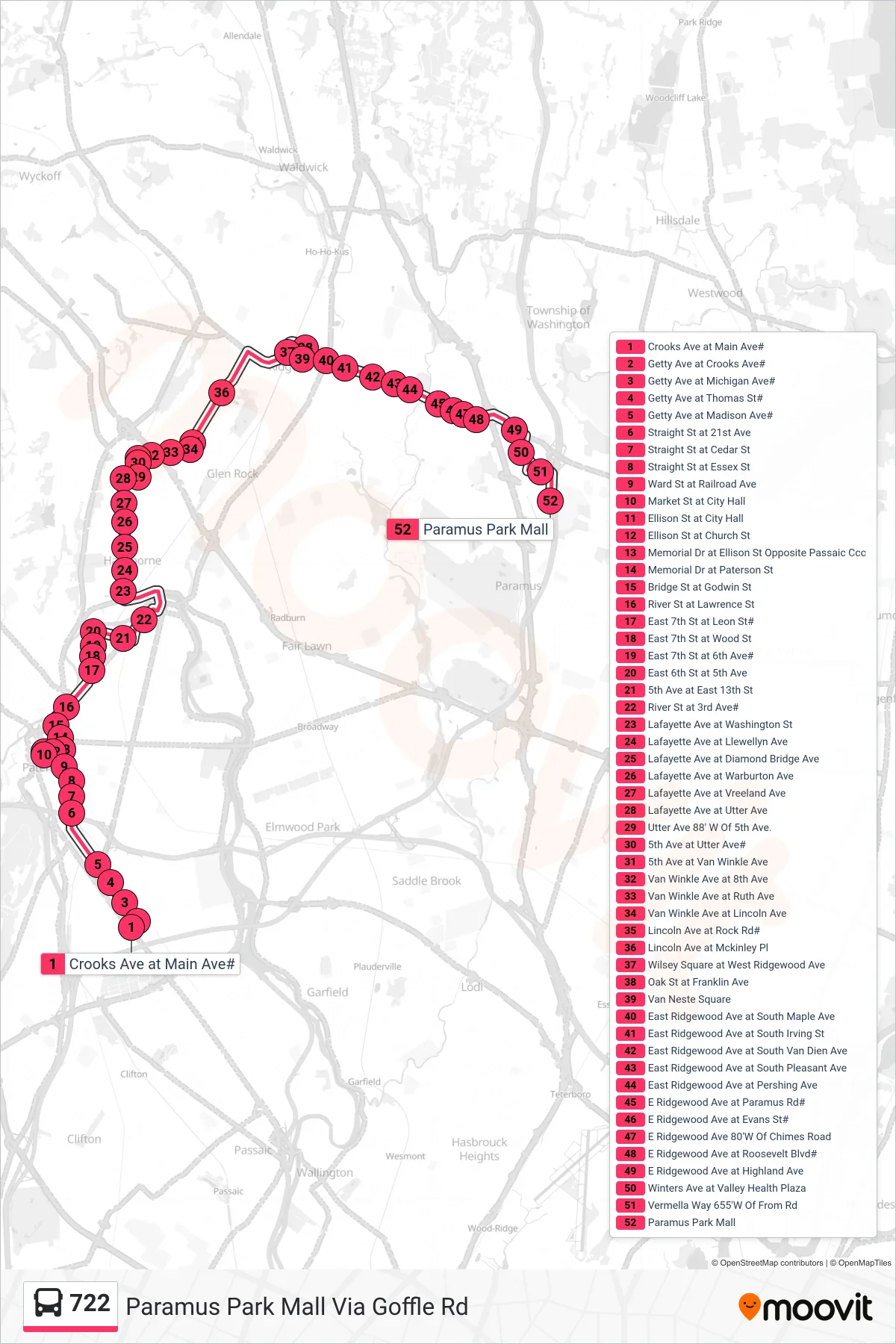 722 bus Line (Paramus Park Mall Via Goffle Rd) route and stops on a map