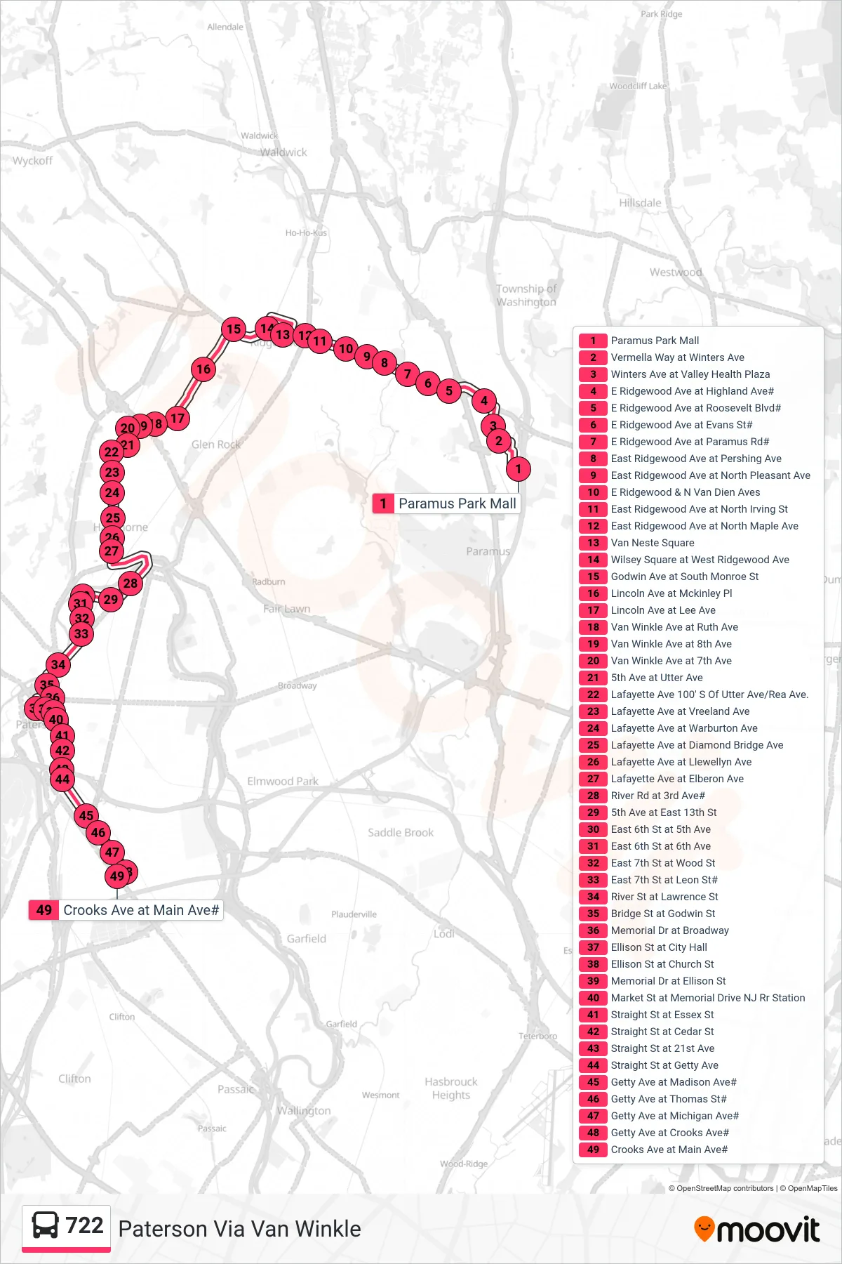 722 bus Line (Paterson Via Van Winkle) route and stops on a map