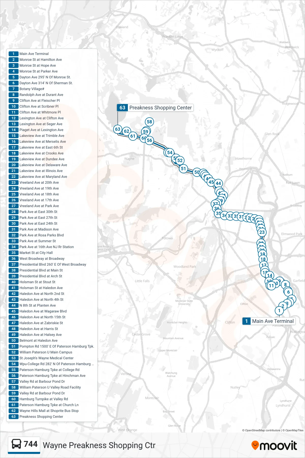 744 bus Line (Wayne Preakness Shopping Ctr) route and stops on a map