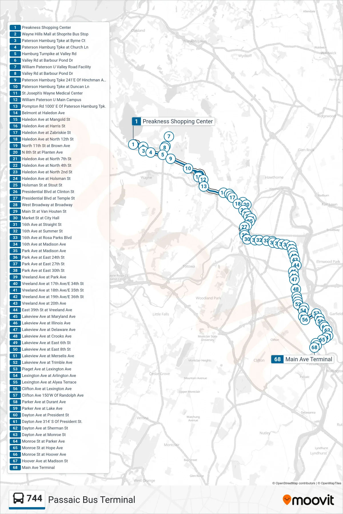 744 bus Line (Passaic Bus Terminal) route and stops on a map