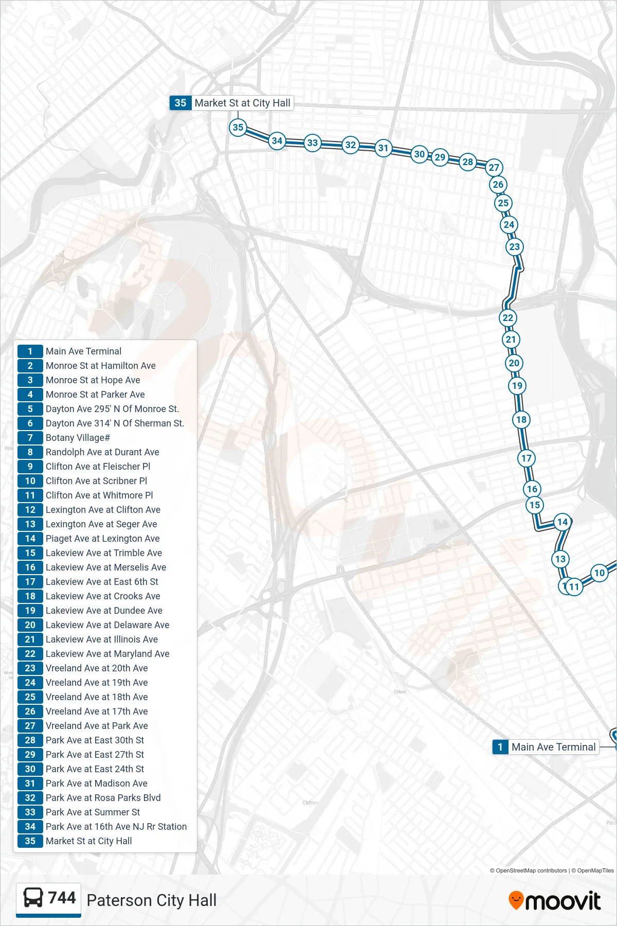 744 bus Line (Paterson City Hall) route and stops on a map