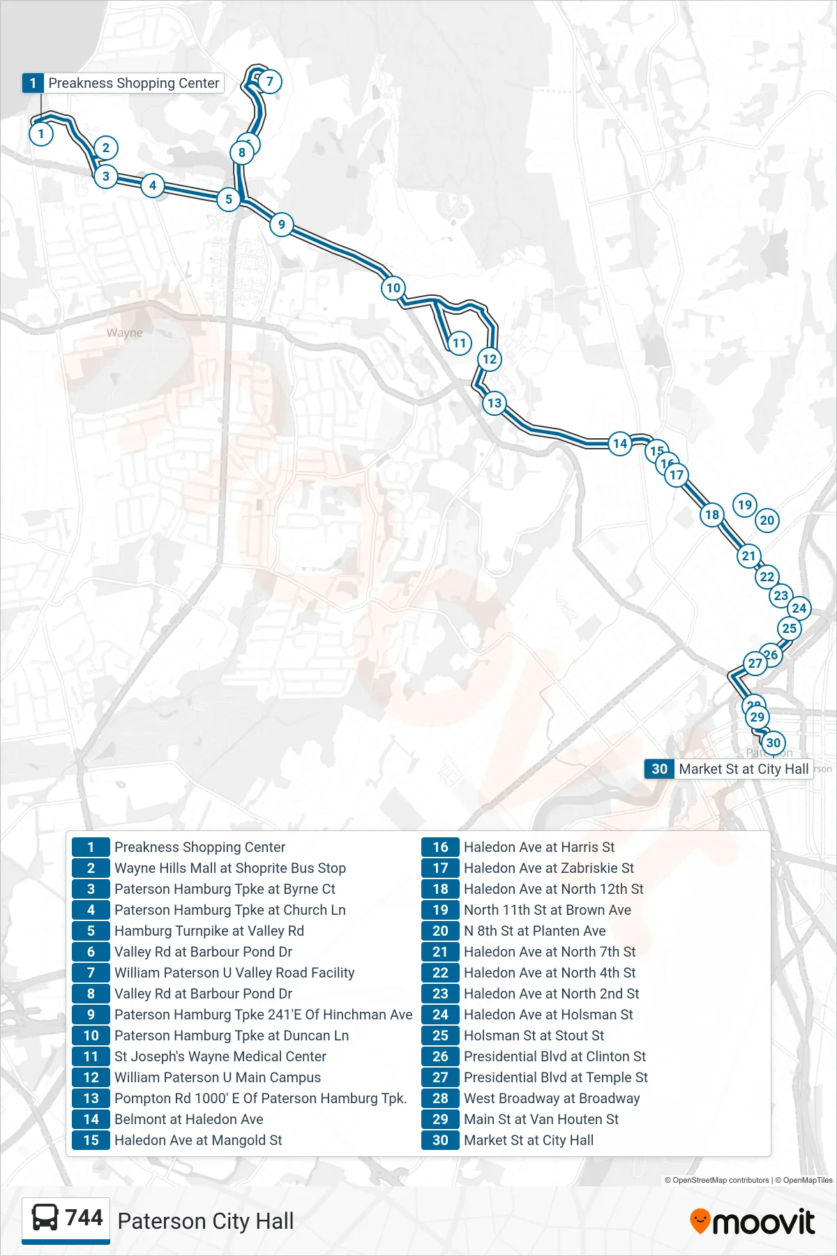 744 bus Line (Paterson City Hall) route and stops on a map