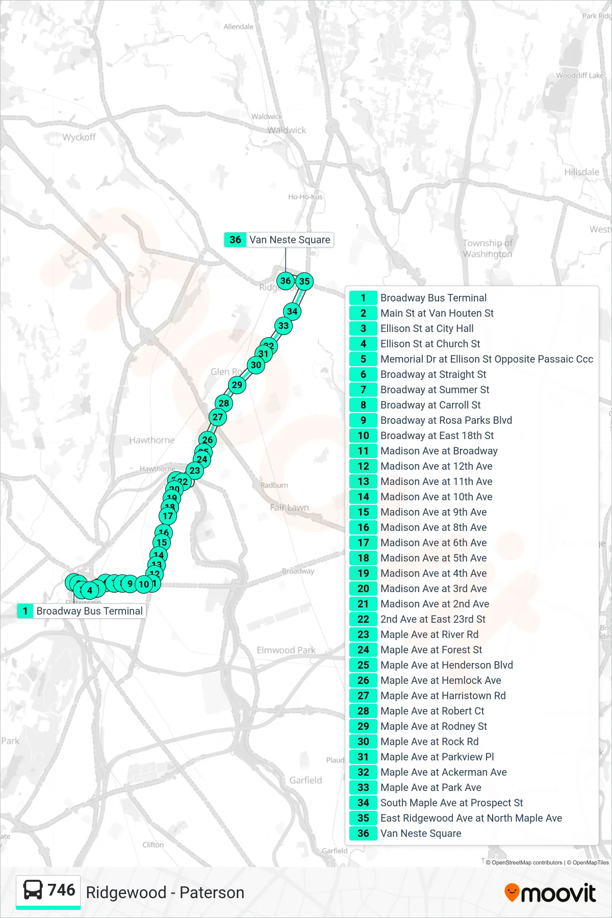 746 bus Line (Ridgewood Bus Terminal) route and stops on a map