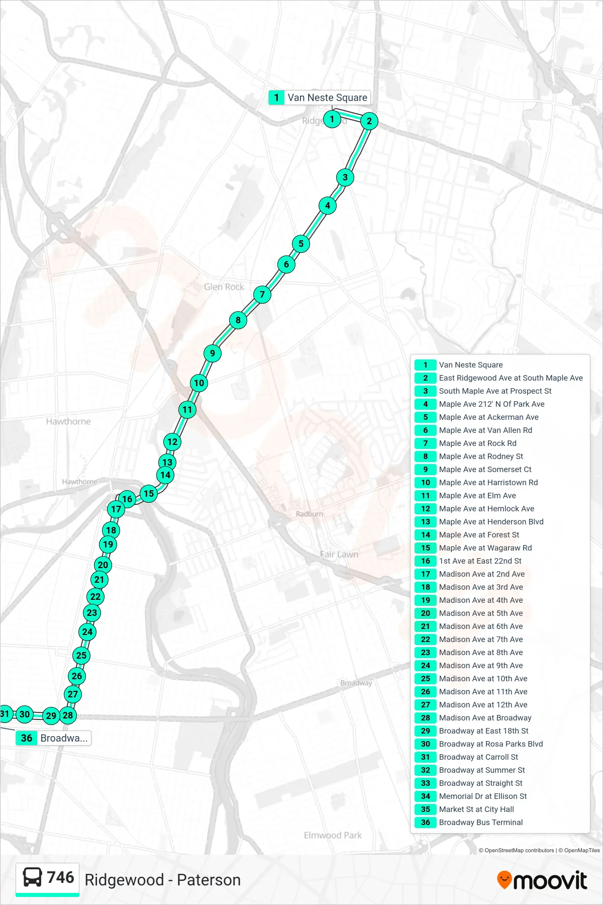 746 bus Line (Paterson  Broadway Bus Terminal) route and stops on a map