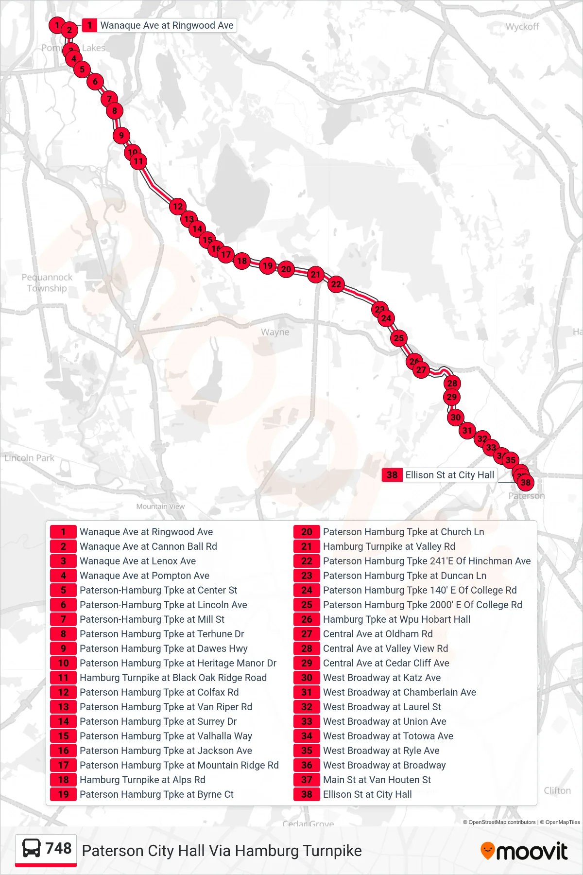 748 bus Line (Paterson City Hall Via Hamburg Turnpike) route and stops on a map