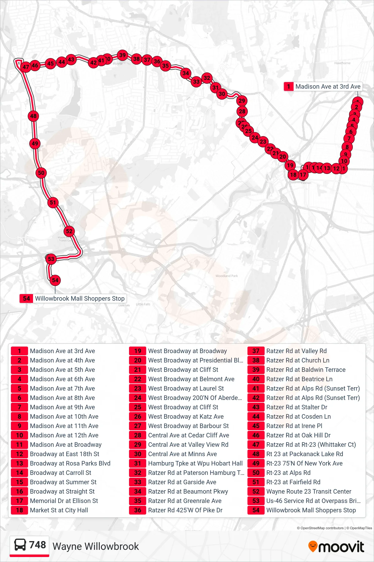 748 bus Line (Wayne Willowbrook) route and stops on a map