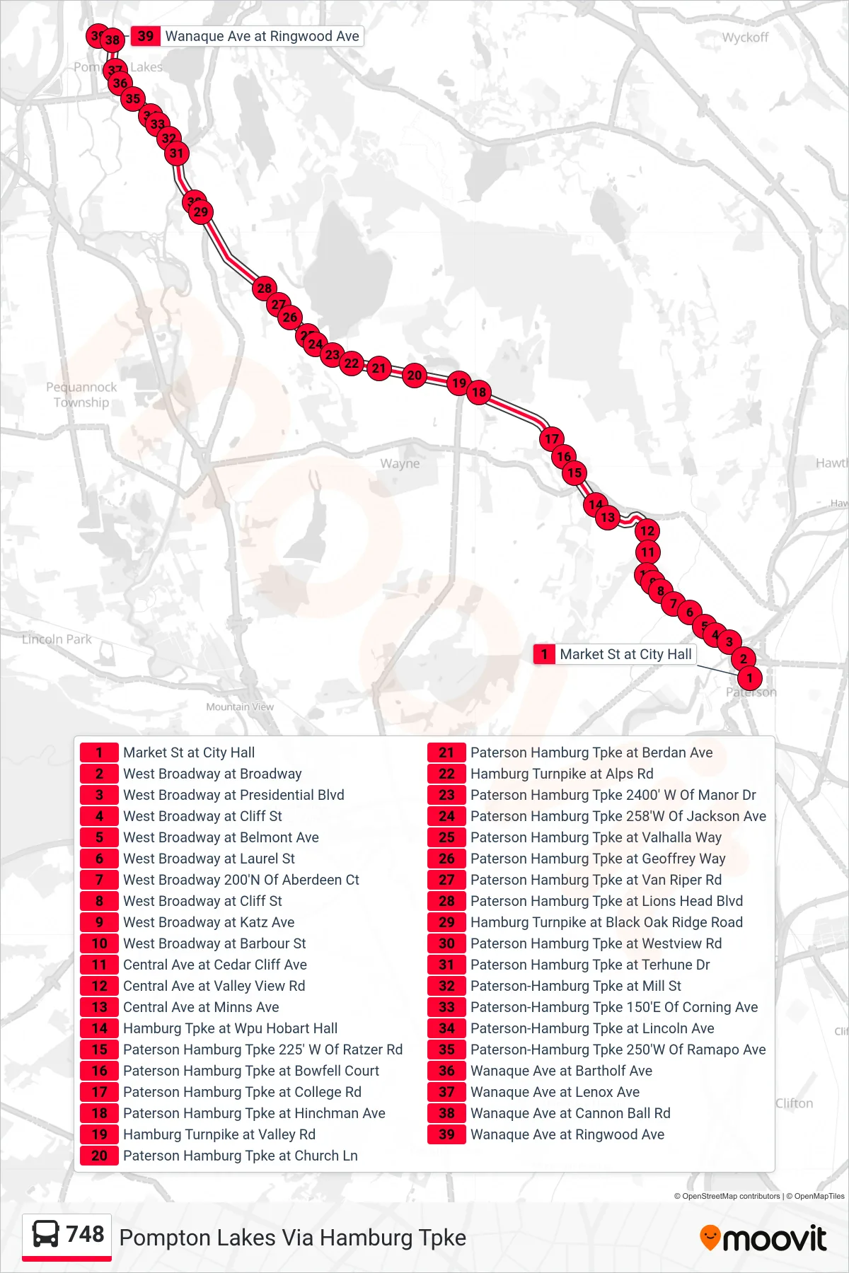 748 bus Line (Pompton Lakes Via Hamburg Tpke) route and stops on a map