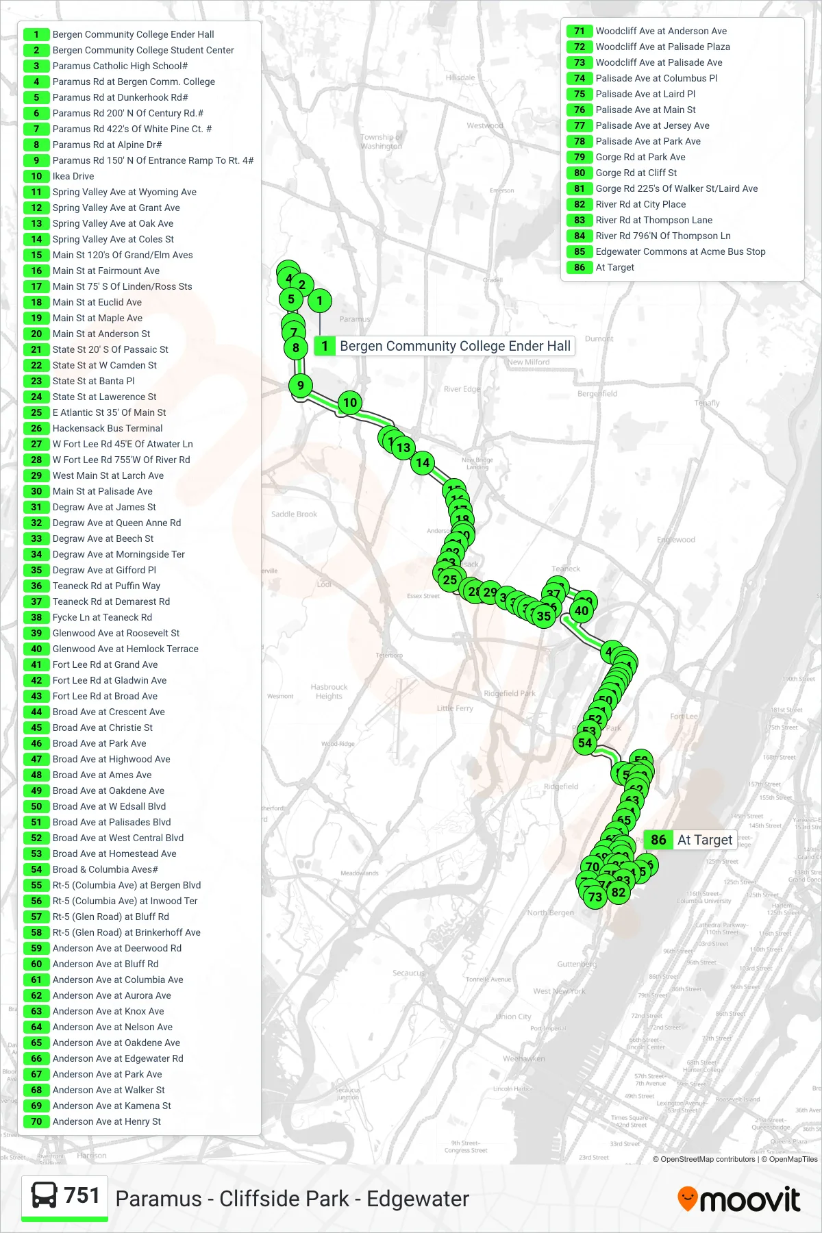 751 bus Line (Edgewater Via Bogota & Fairview) route and stops on a map