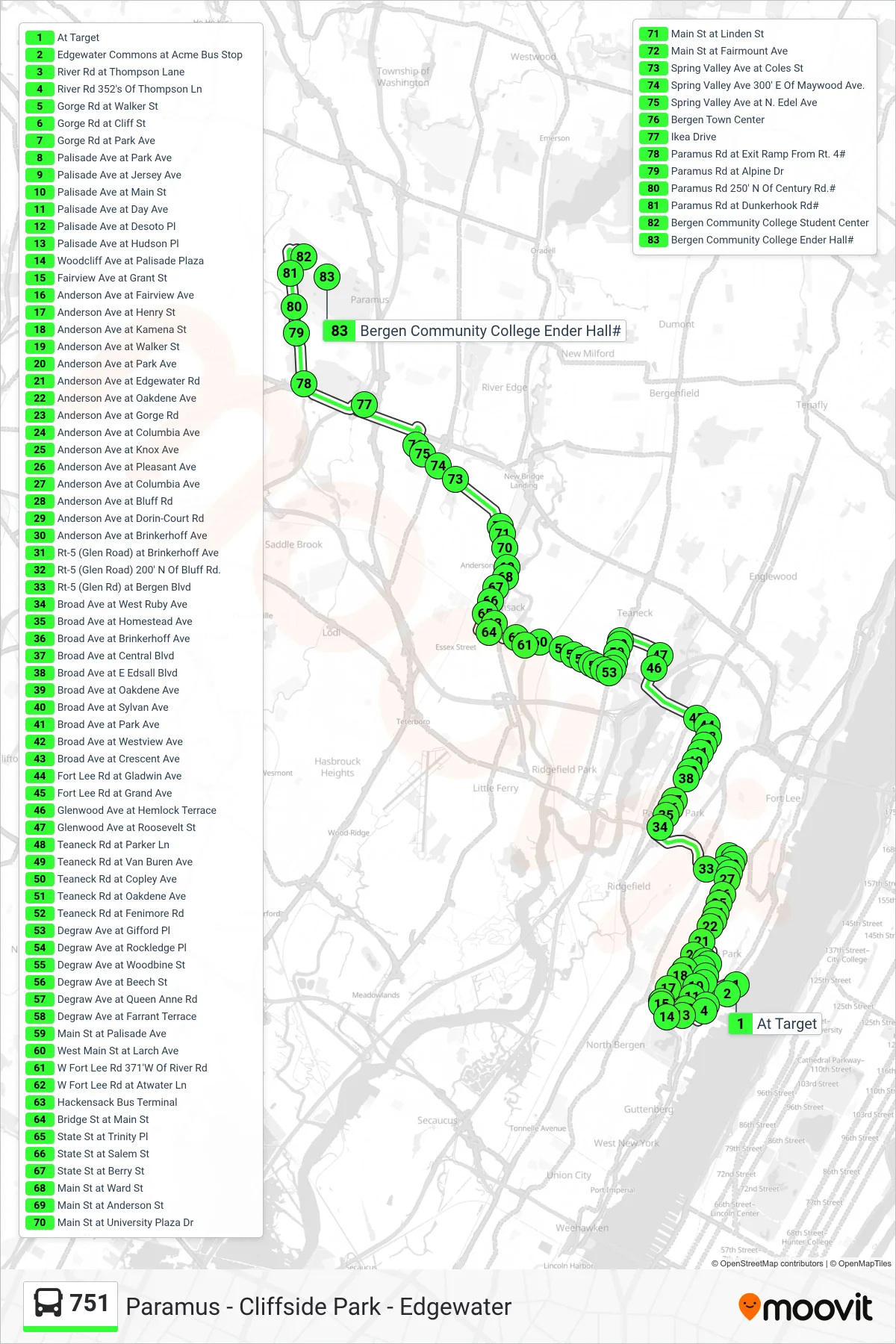 751 bus Line (Paramus Bergen Comcol Via Bogota & Fairview) route and stops on a map