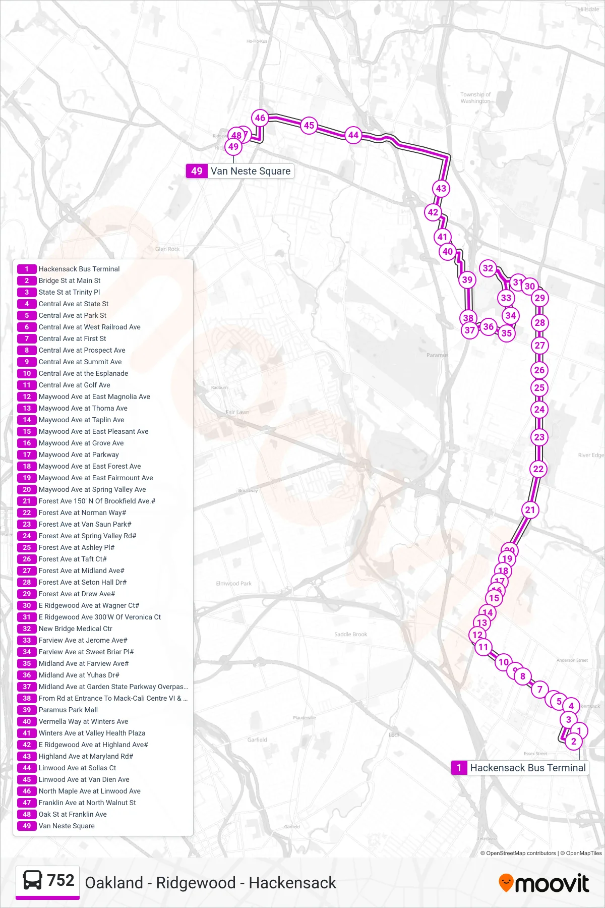 752 bus Line (Ridgewood Bus Terminal) route and stops on a map