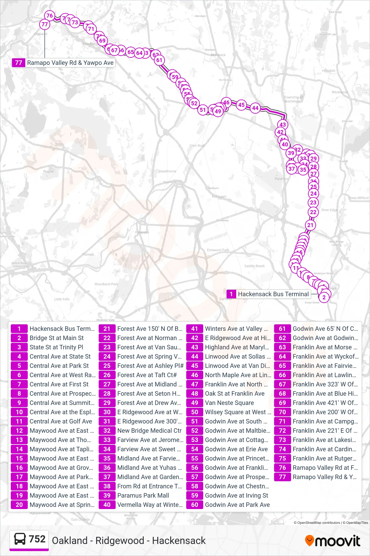 752 bus Line (Oakland  Copper Tree Center) route and stops on a map