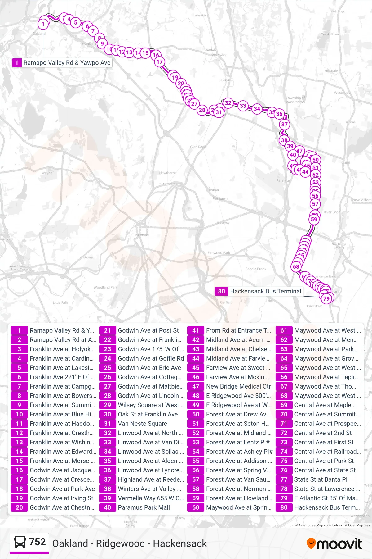 752 bus Line (Hackensack Bus Terminal) route and stops on a map