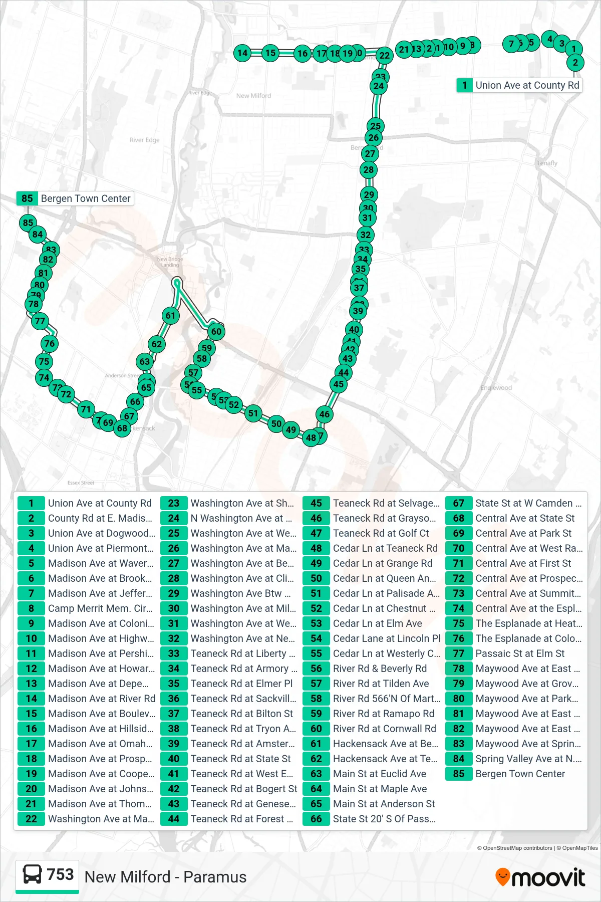 753 bus Line (Paramus  Bergen Town Center) route and stops on a map