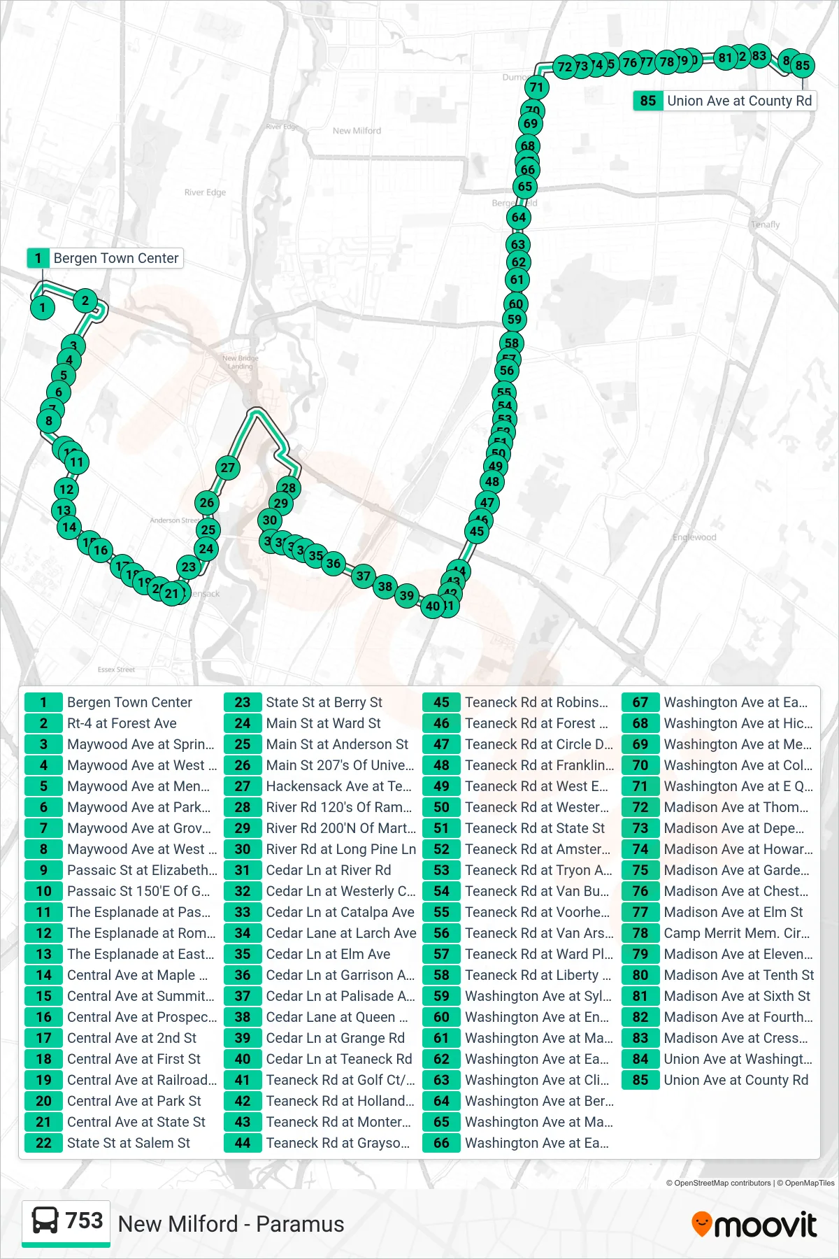 753 bus Line (Cresskill) route and stops on a map