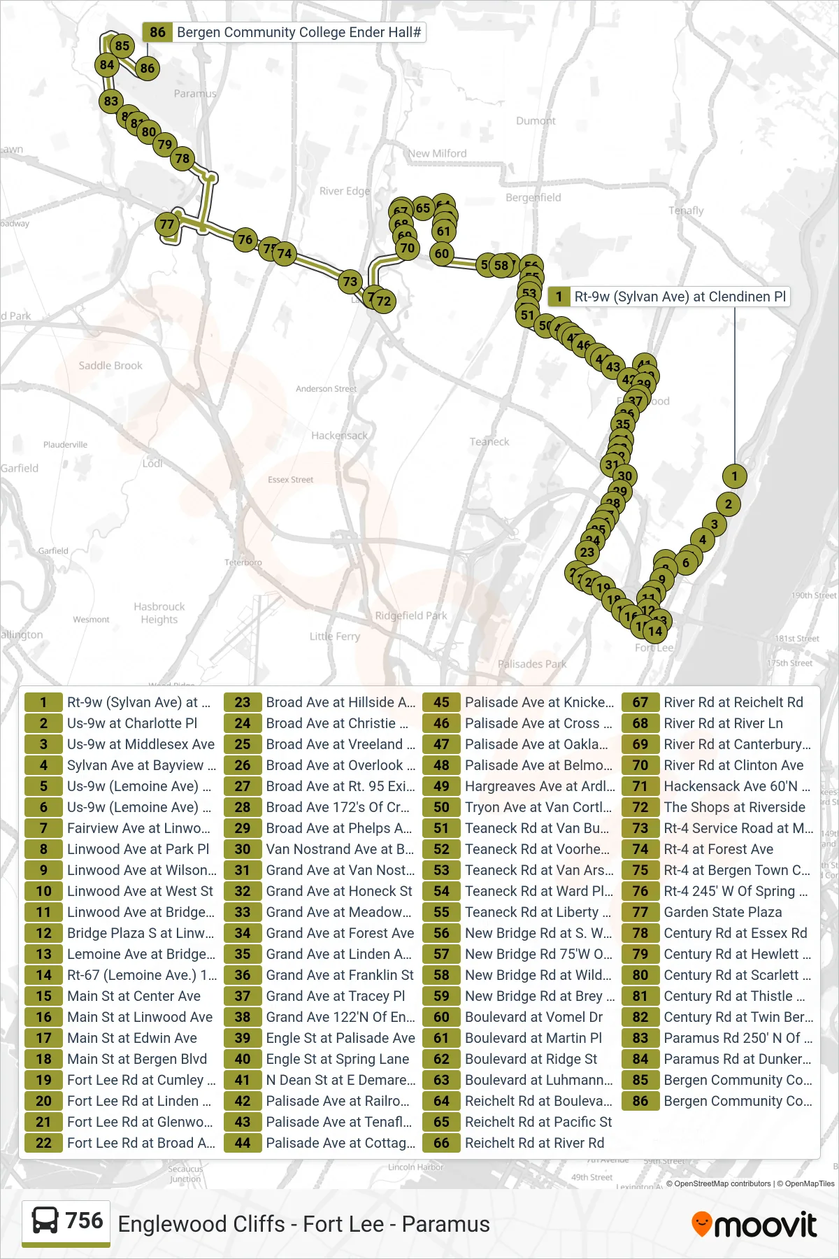 756 bus Line (Paramus Bergen Comm College) route and stops on a map