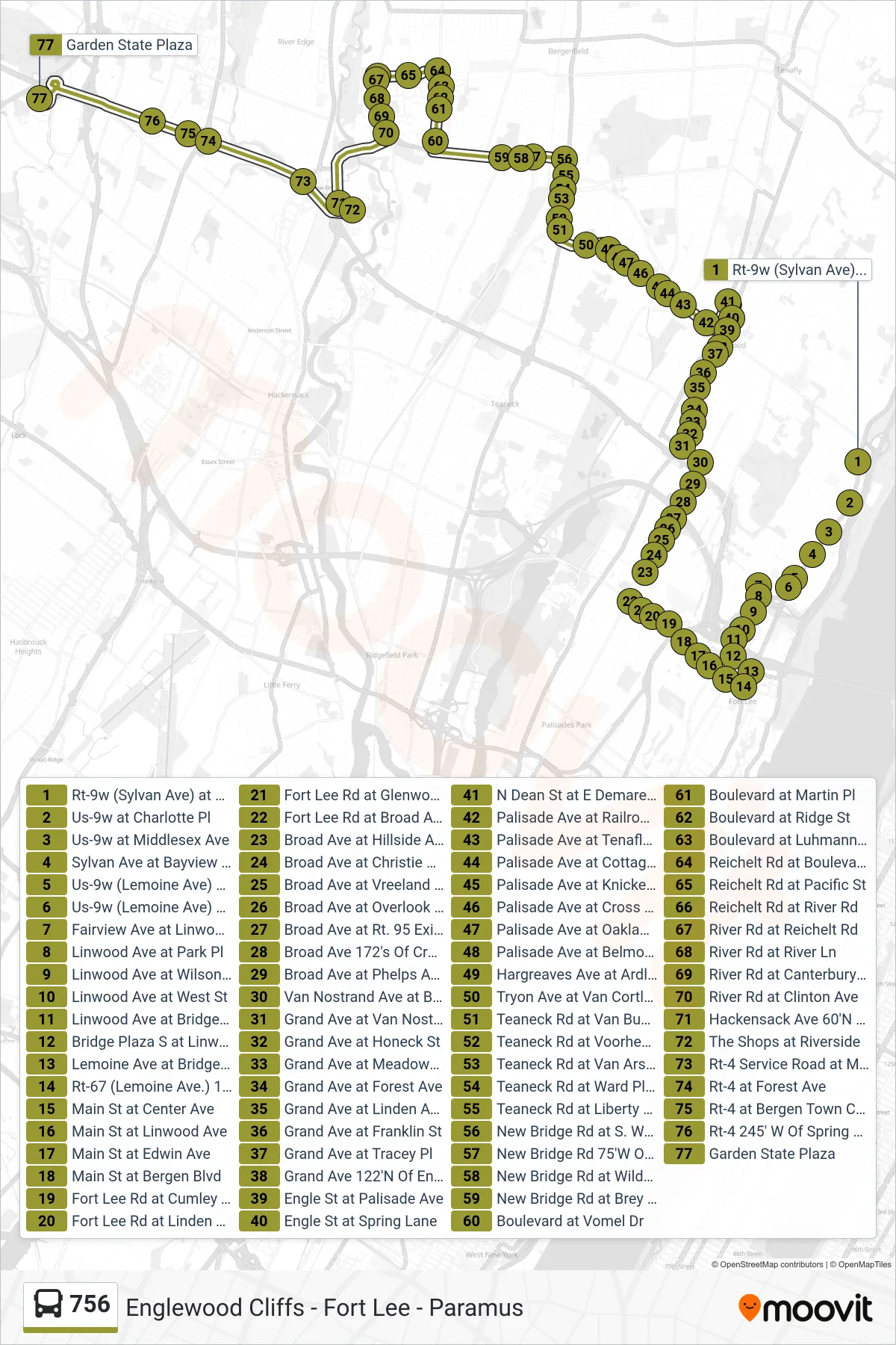 756 bus Line (Paramus GS Plaza) route and stops on a map