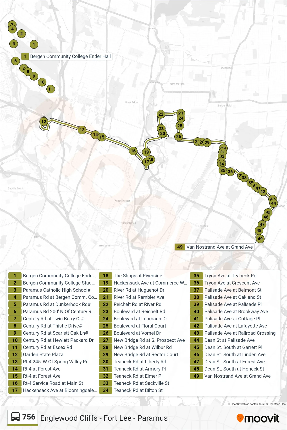 756 bus Line (Englewood) route and stops on a map