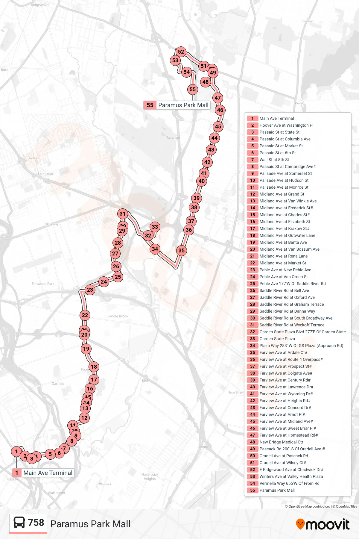 758 bus Line (Paramus Park Mall) route and stops on a map