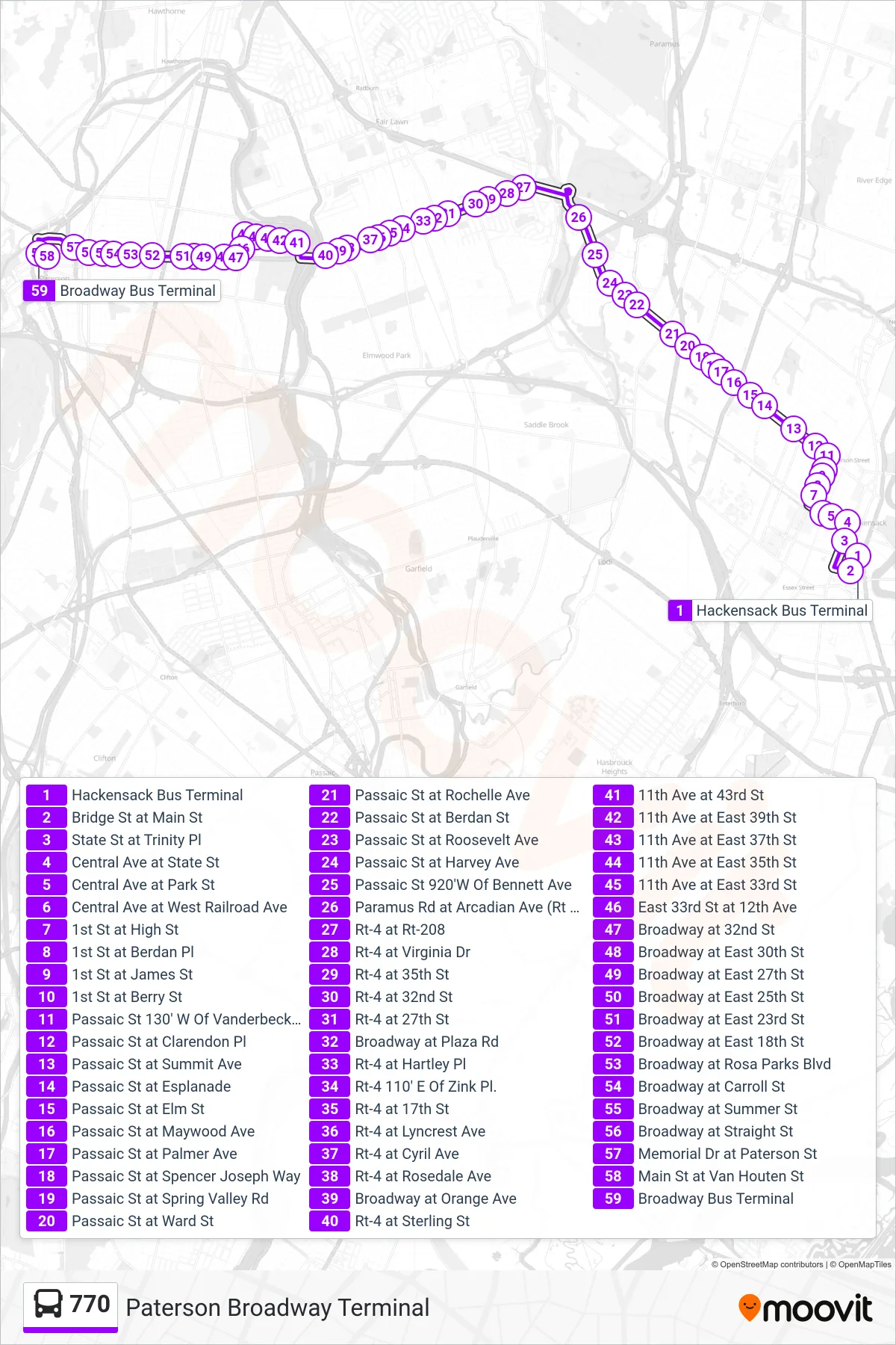 770 bus Line (Paterson  Broadway Terminal) route and stops on a map