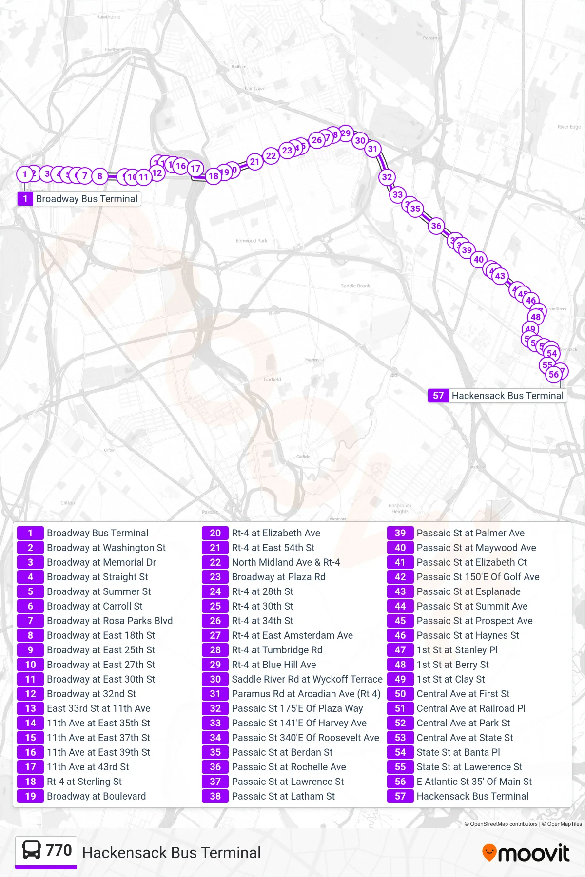 770 bus Line (Hackensack Bus Terminal) route and stops on a map