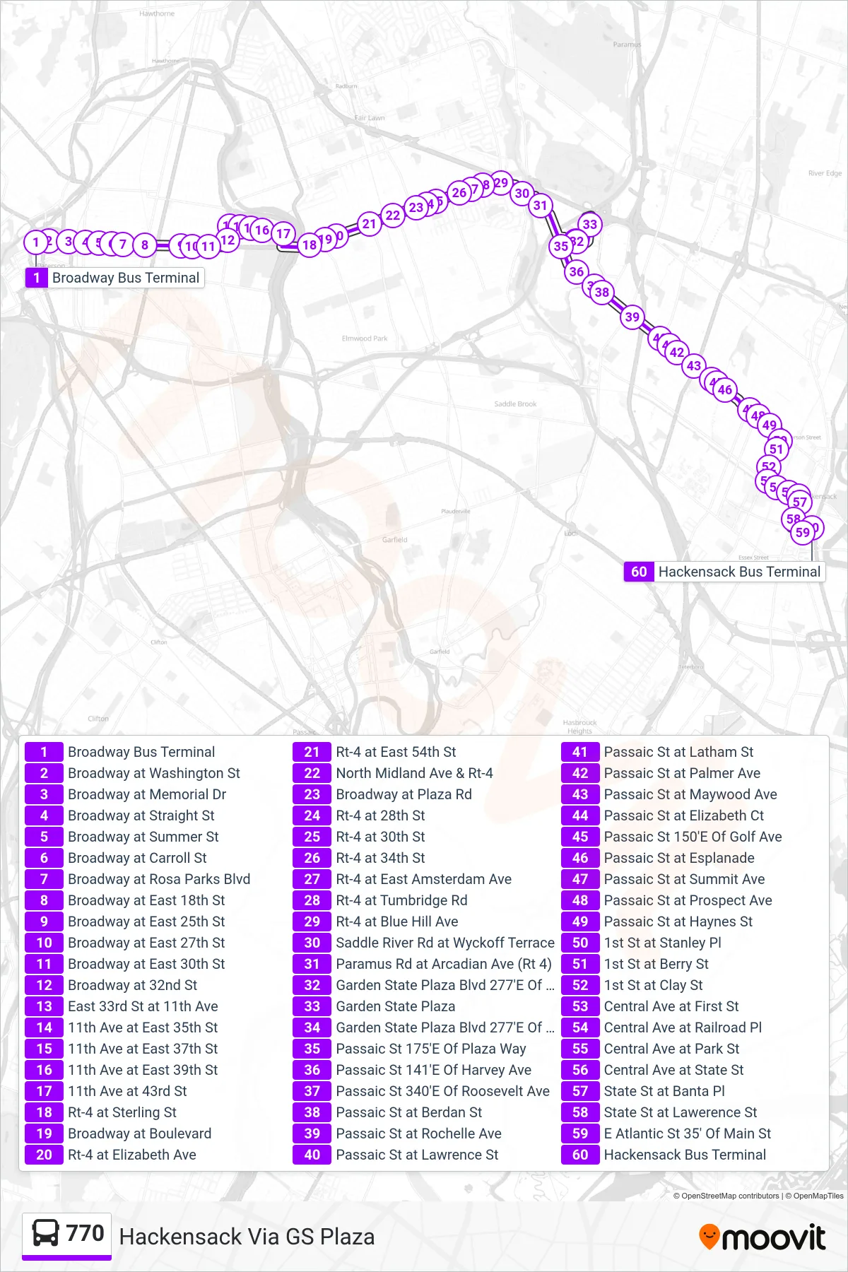 770 bus Line (Hackensack Via GS Plaza) route and stops on a map