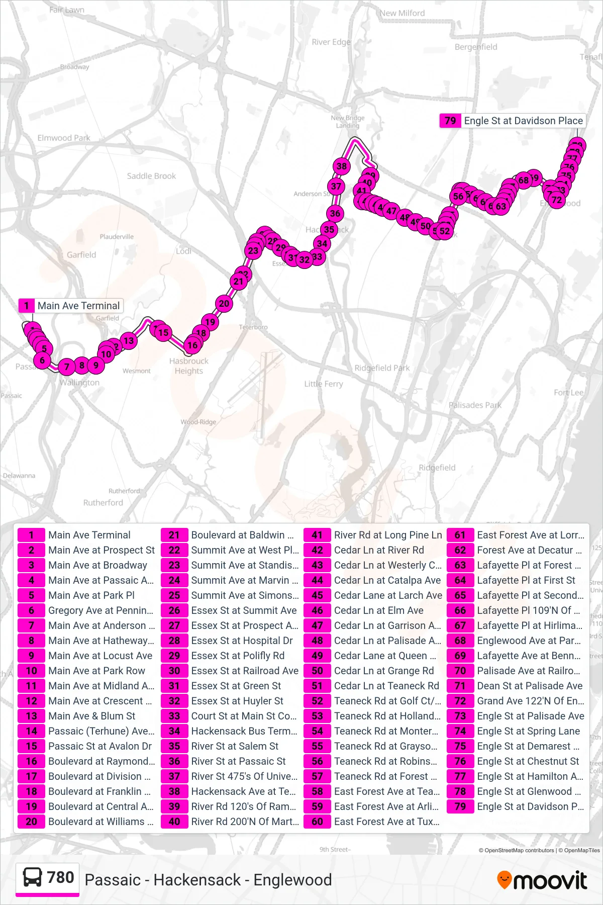780 bus Line (Englewood Hospital) route and stops on a map