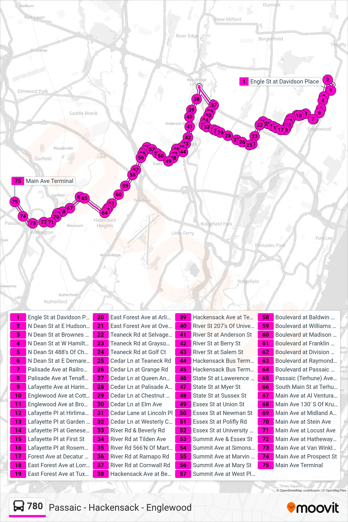 780 bus Line (Passaic Bus Terminal) route and stops on a map