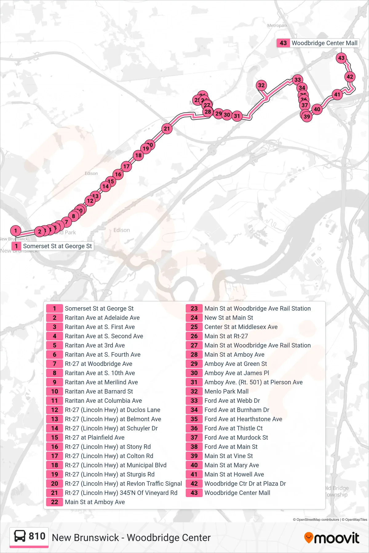 810 bus Line (Woodbridge Center) route and stops on a map