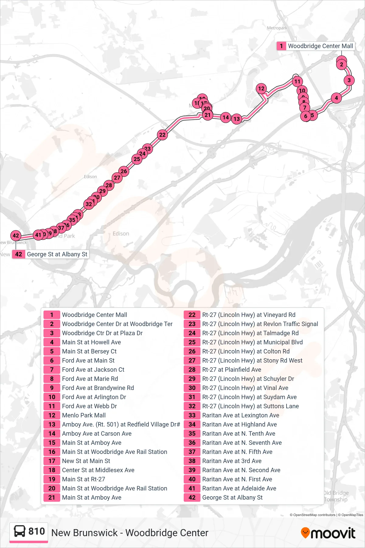 810 bus Line (New Brunswick) route and stops on a map