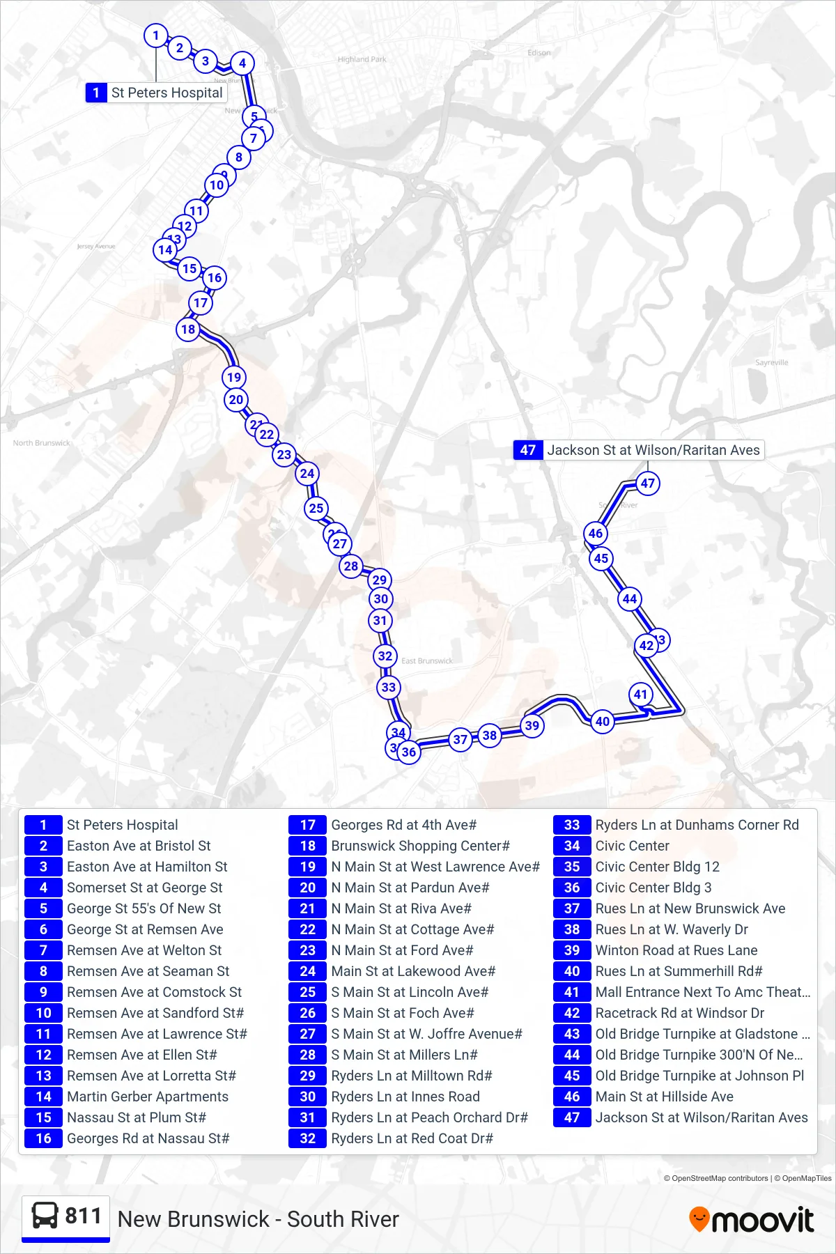 811 bus Line (South River Gerber Apts) route and stops on a map
