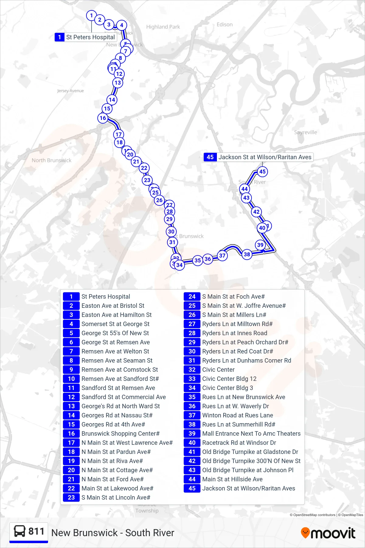 811 bus Line (South River) route and stops on a map