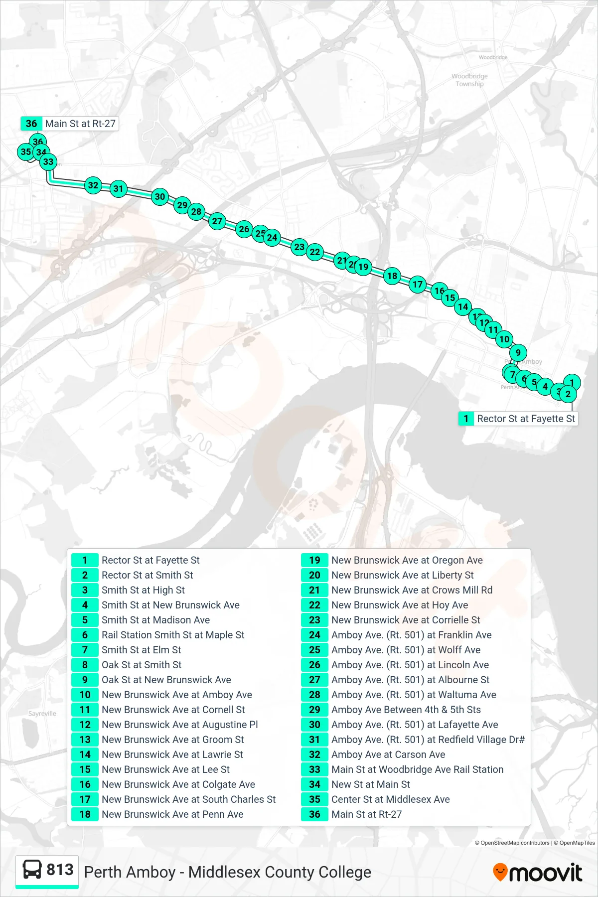 813 bus Line (Metuchen) route and stops on a map
