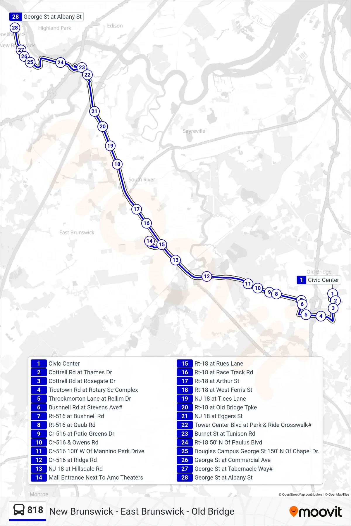 818 bus Line (New Brunswick) route and stops on a map