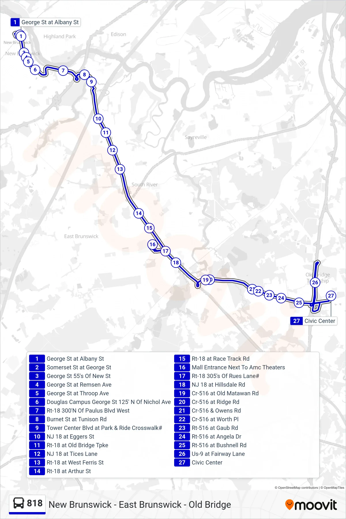 818 bus Line (Old Bridge Stratford Apts) route and stops on a map