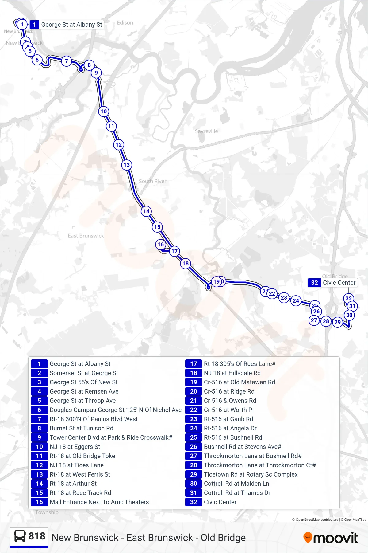 818 bus Line (Old Bridge) route and stops on a map