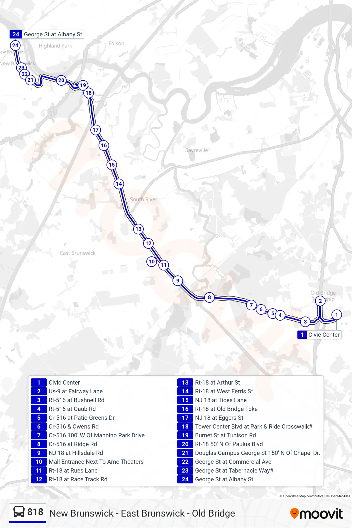 818 bus Line (New Brunswick Stratford Apts) route and stops on a map