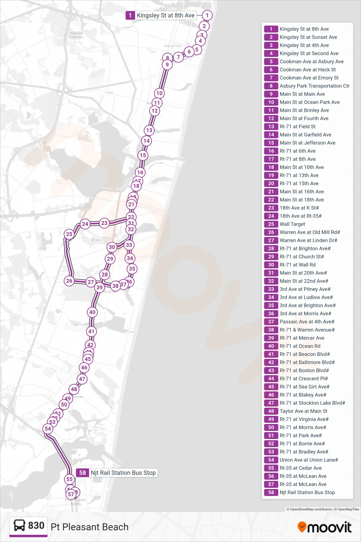 830 bus Line (Pt Pleasant Beach) route and stops on a map