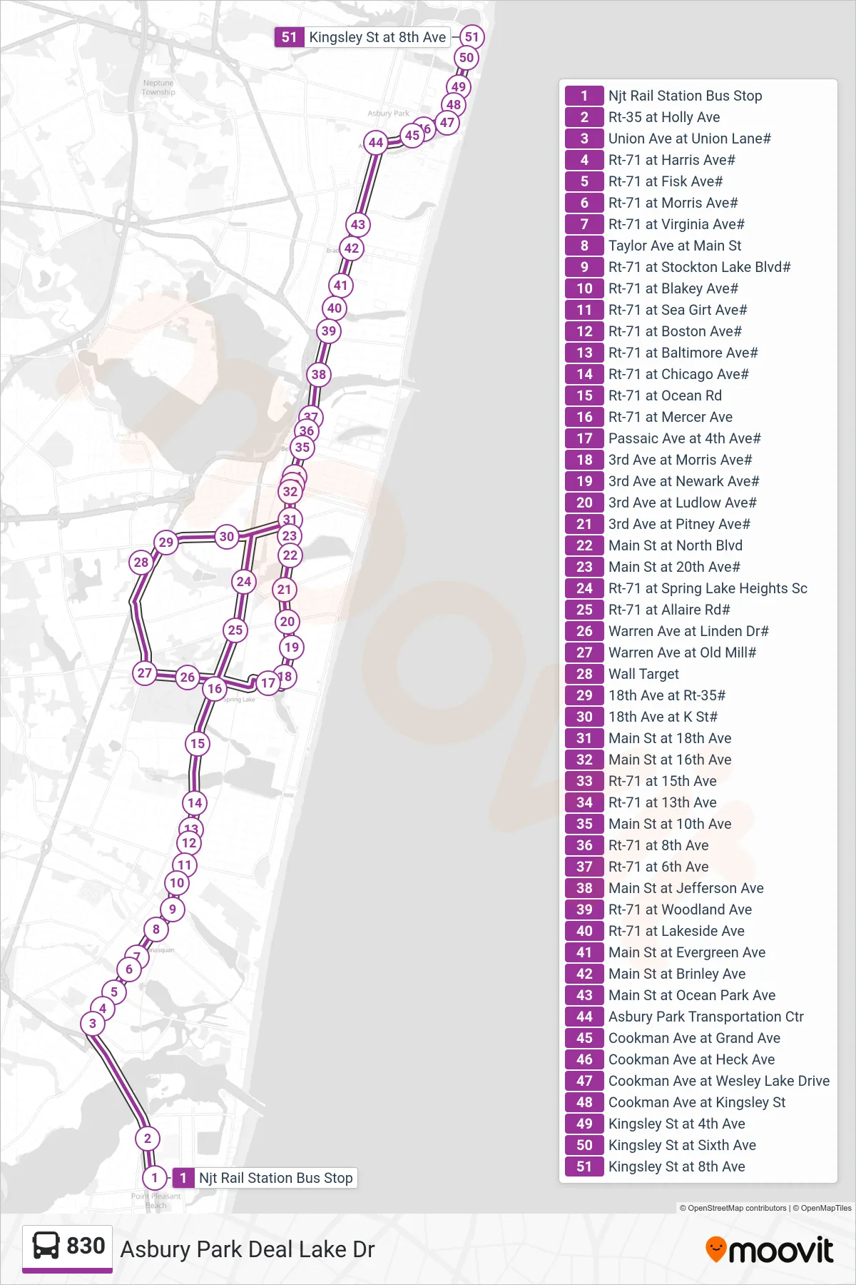 830 bus Line (Asbury Park Deal Lake Dr) route and stops on a map