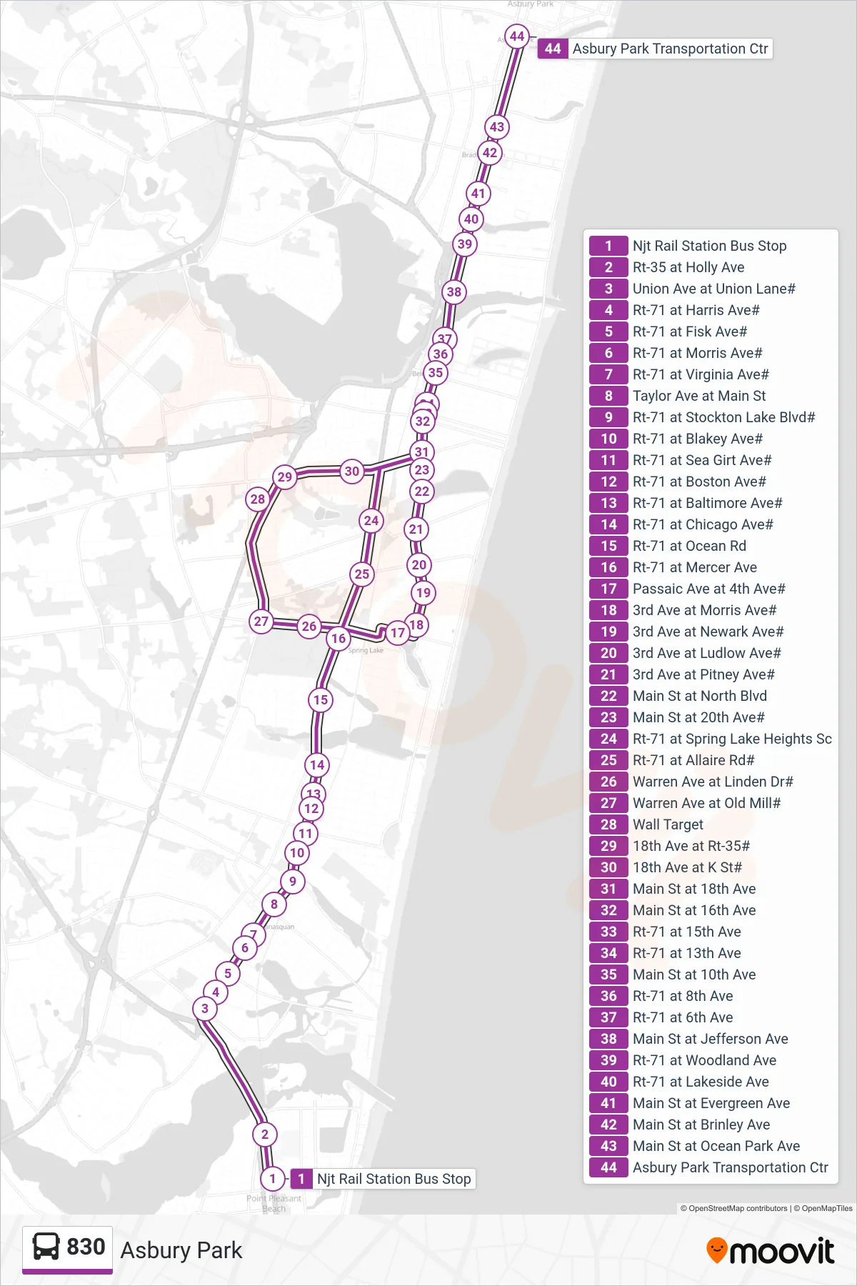 830 bus Line (Asbury Park) route and stops on a map