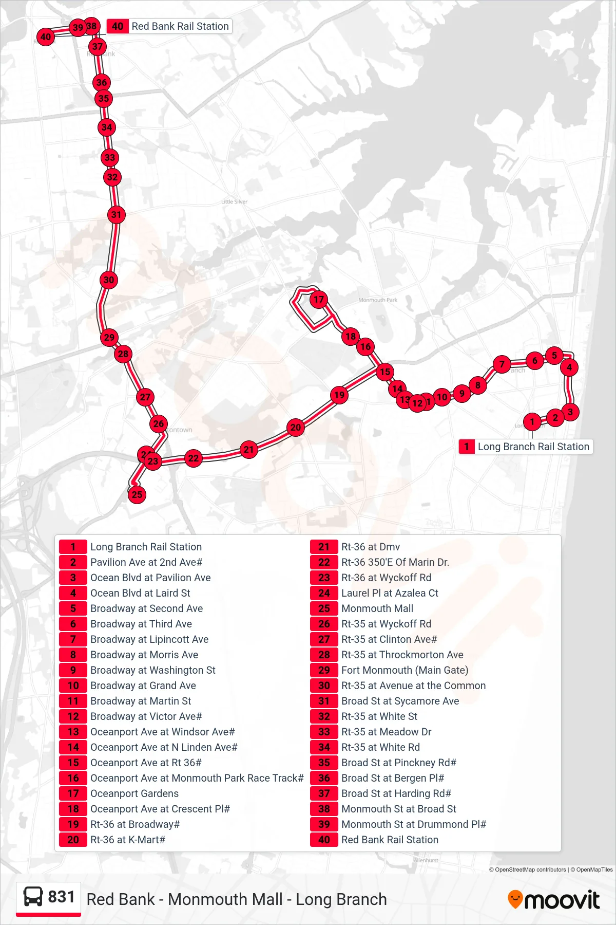 831 bus Line (Red Bank Via Oceanport) route and stops on a map
