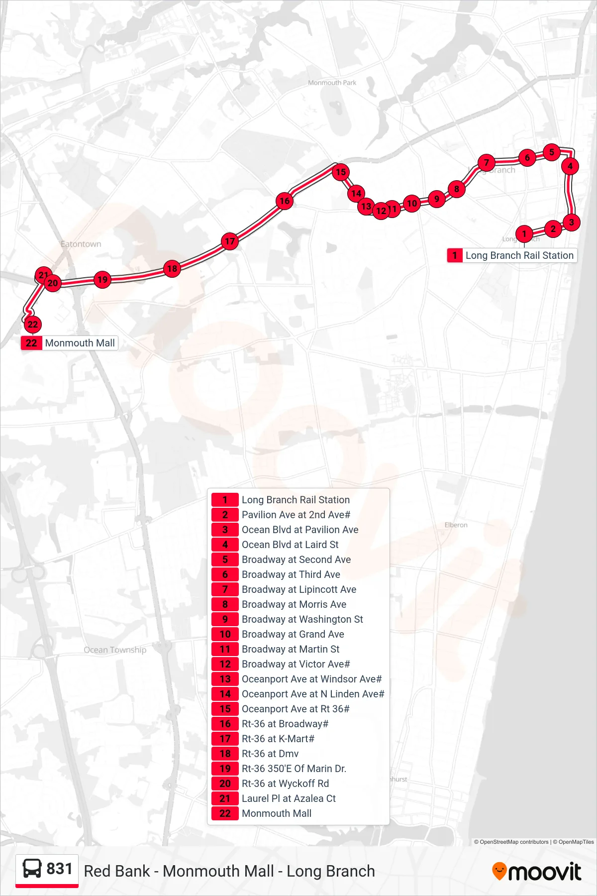 831 bus Line (Monmouth Mall) route and stops on a map