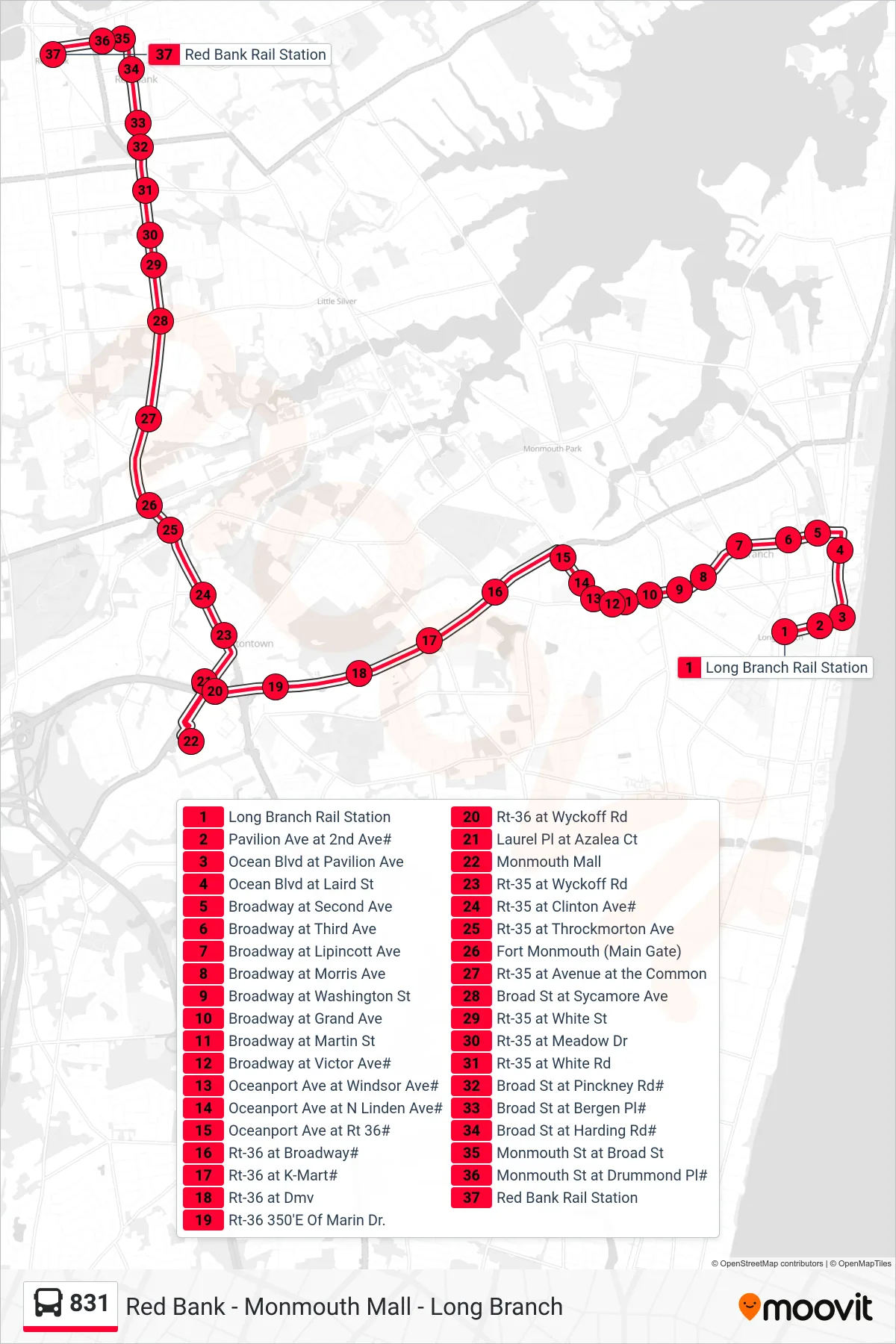 831 bus Line (Red Bank) route and stops on a map