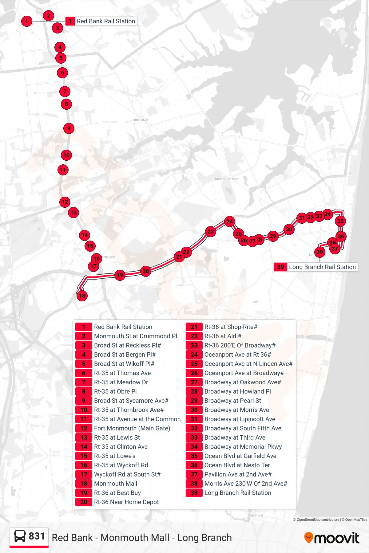 831 bus Line (Long Branch Rail Station) route and stops on a map