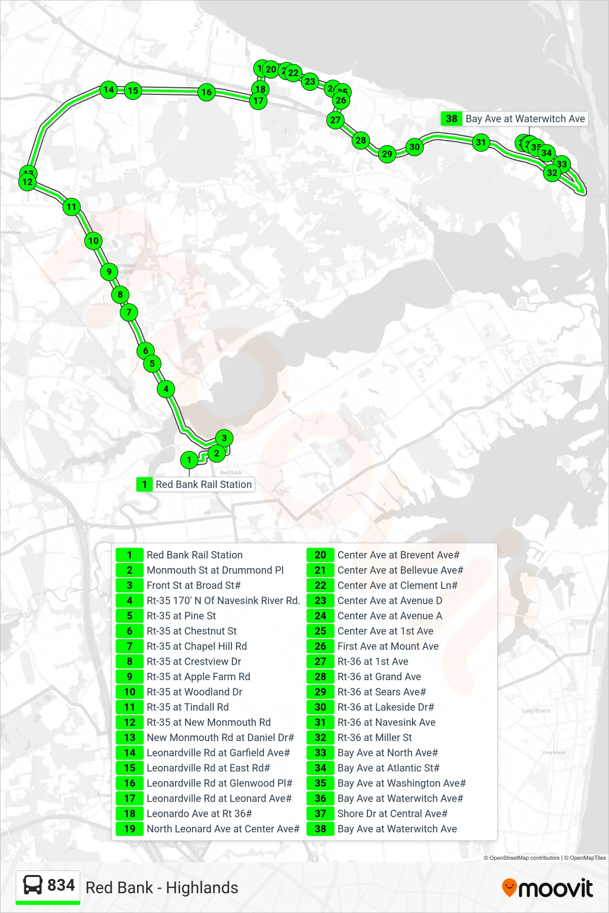 834 bus Line (Highlands Via New Monmouth Rd) route and stops on a map