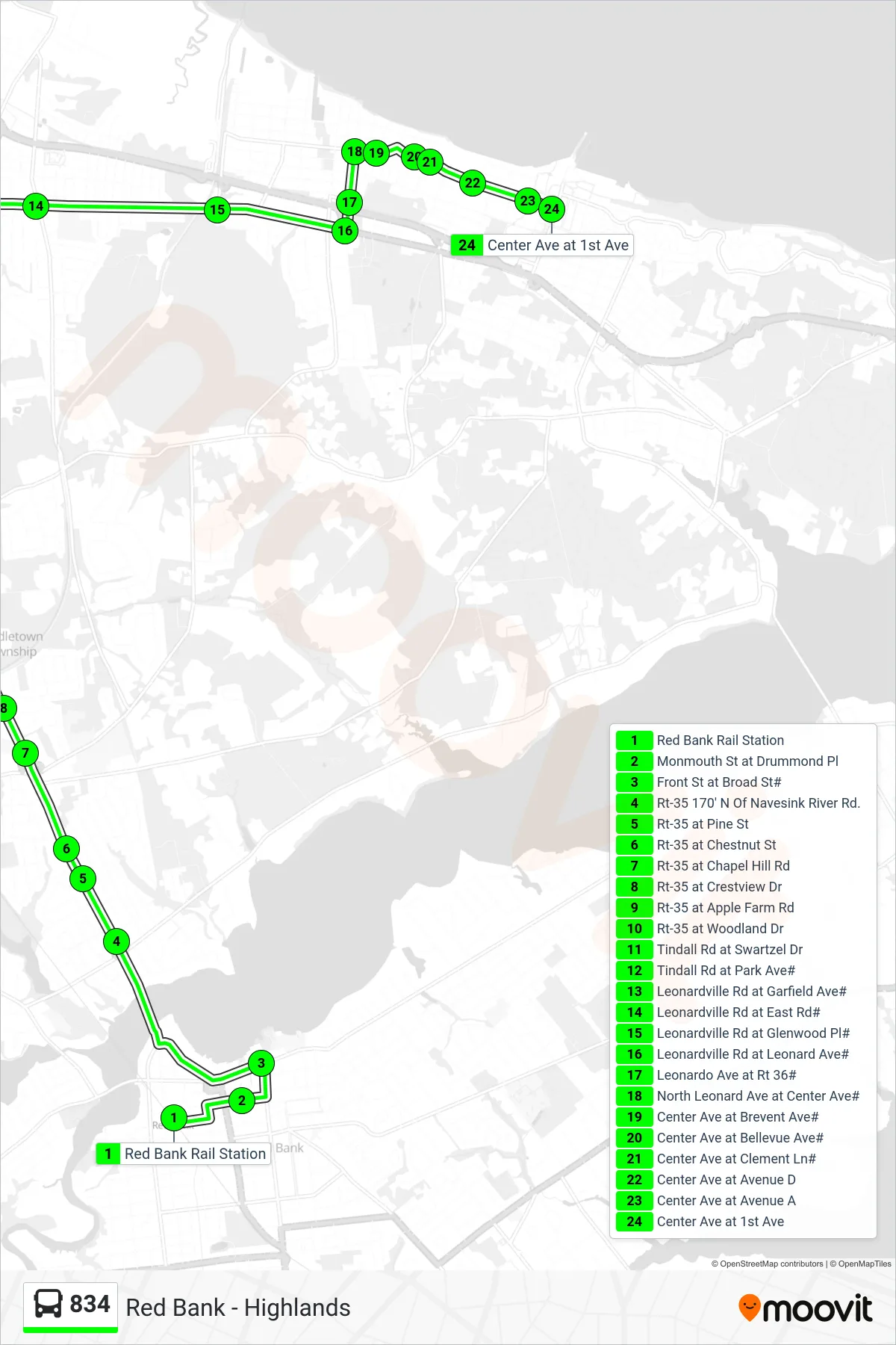 834 bus Line (Atlantic Highlands) route and stops on a map