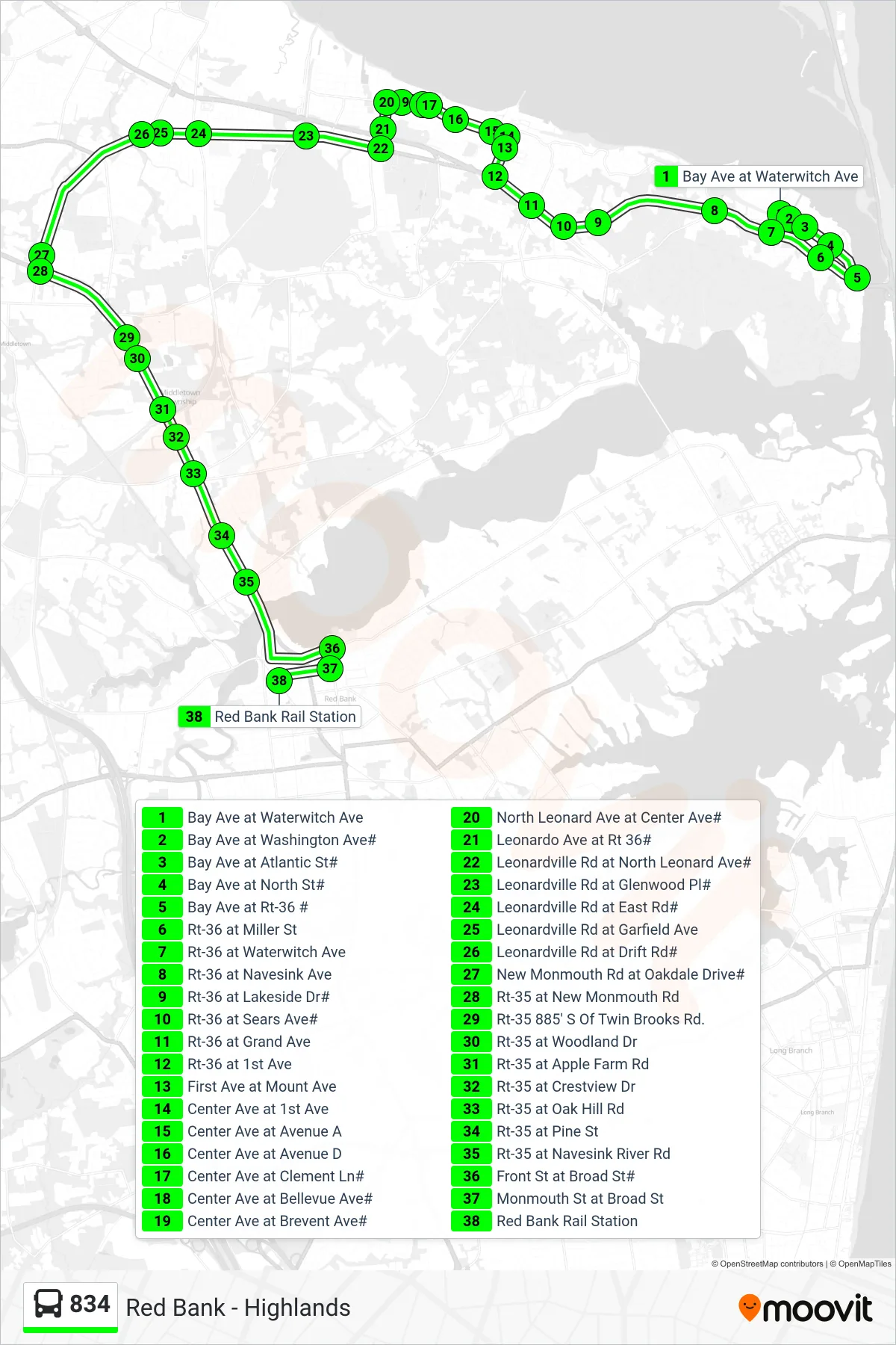 834 bus Line (Red Bank Via New Monmouth Rd) route and stops on a map