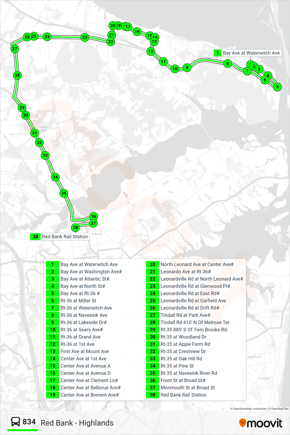834 bus Line (Red Bank) route and stops on a map