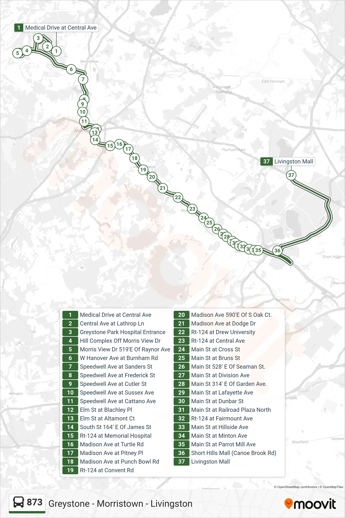 873 bus Line (Livingston Mall) route and stops on a map